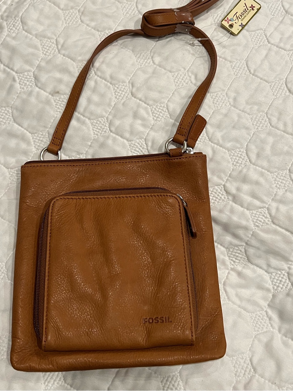 Fossil Whiskey Saddle Brown Leather Crossbody Shoulder Bag Zip Pockets Organizer